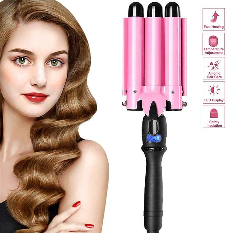 25cm Pink Three Barrel Curling Iron Wand With LCD Display