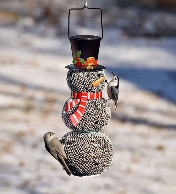 Solar Snowman Metal Mesh Bird Feeder